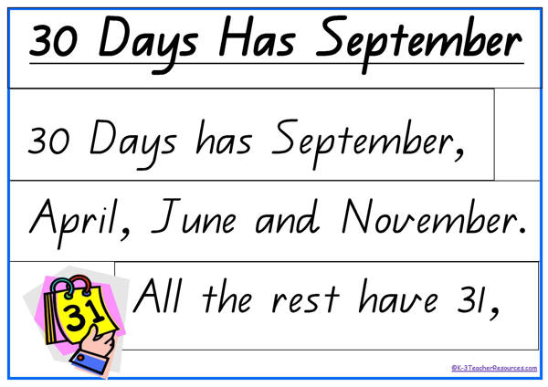 30 Days Has September K3 Teacher Resources