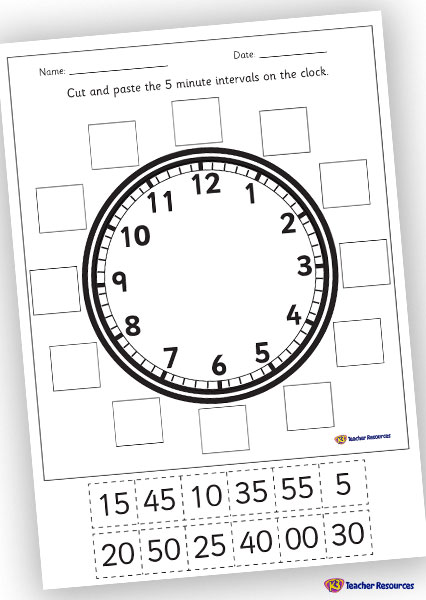 clock cut and paste worksheet 5 minute intervals k 3 teacher resources